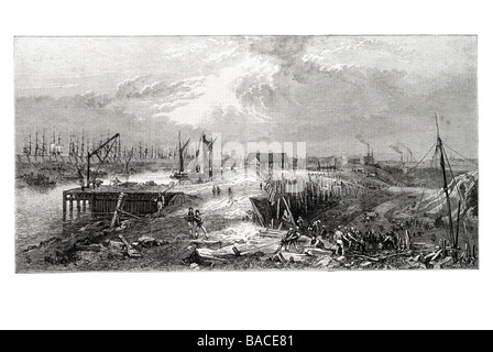 L'excavation du nouveau quai sud west india docks à l'entrée de Limehouse 1867 Isle of Dogs London harbour port dock côte sail Banque D'Images