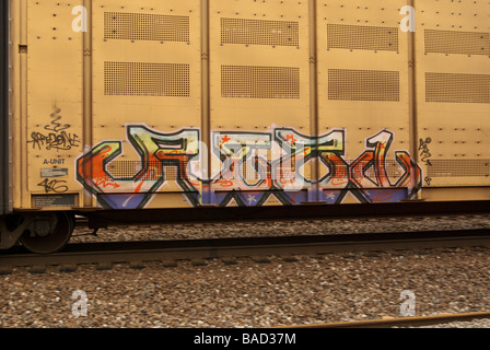 Graffiti sur le côté d'un train en voiture. Banque D'Images