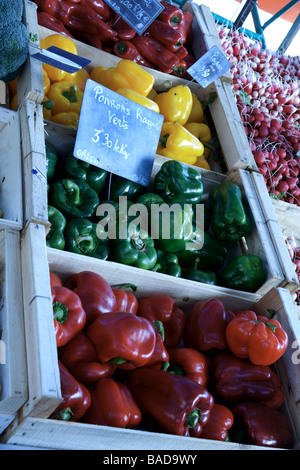 La France. Des produits du marché. Les poivrons doux 'CAPSICUM' : ticket Banque D'Images