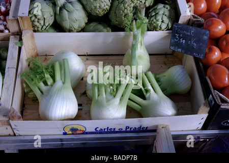 La France. Produits du marché.Dispositif kiosque de légumes ; Banque D'Images