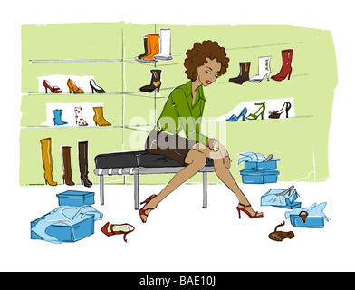 Illustration de femme essayant sur des chaussures dans le magasin de chaussures Banque D'Images