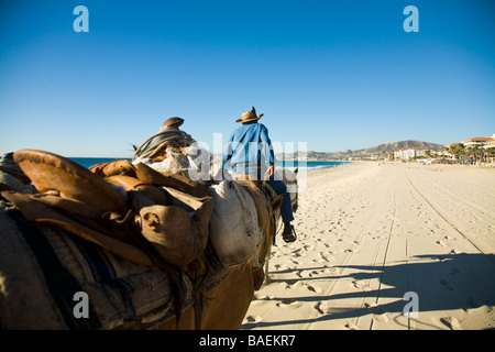 Mexique San Jose del Cabo Mexican homme à cheval wearing cowboy hat et la tenue de rênes aux chevaux walking down beach près de resort Banque D'Images