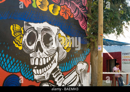 Mexique San Jose del Cabo avec squelette femelle plaqués hat peint sur le côté du bâtiment dans mexicain murale woman sitting Banque D'Images