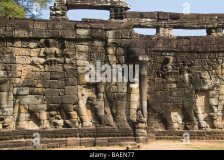 Dirigé trois fleurs de lotus de collecte de l'éléphant avec leurs malles Terrasse des éléphants Angkor Thom Siem Reap Cambodge Banque D'Images