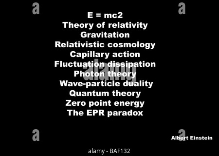 Tableau noir avec les théories d'Albert Einstein physicien théorique écrit en blanc craie lettrage style Banque D'Images