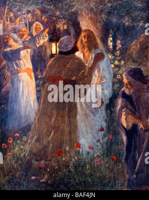 La trahison du Christ Jésus dans le jardin de jardin de Gethsémané d'être embrassé par Judas avant son arrestation Banque D'Images