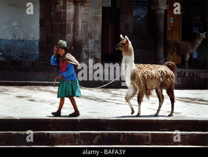 Quecha péruvien Femme avec Llama dans Cusco, Pérou, Amérique du Sud Banque D'Images