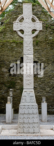 Moone High Cross. Un simple relief sculpture des douze apôtres dominent le devant de ce panorama vertical détaillé Banque D'Images