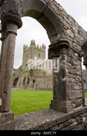 Garder Jerpoint. Le clocher carré à l'abbaye de Jerpoint encadré par les arcades du cloître. Banque D'Images