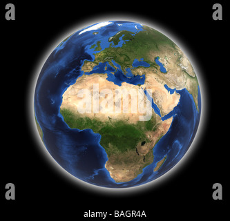 Image de la terre rendue (carte fournie par la NASA) montrant l'Europe & Afrique sur fond noir avec atmosphère glow Banque D'Images