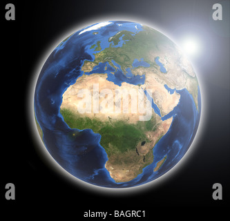 Image de la terre rendue (carte fournie par la NASA) montrant l'Europe & Afrique sur fond noir avec l'atmosphère et des bougies avec sun flare Banque D'Images