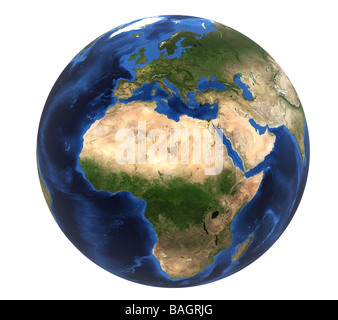 Image de la terre rendue (carte fournie par la NASA) montrant l'Europe et l'Afrique sur un fond blanc (découpe) Banque D'Images