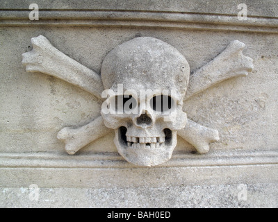 Tête de mort. Détail d'un sarcophage en grès du 18ème siècle Banque D'Images