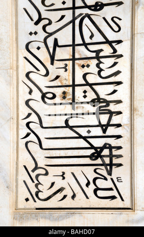 Texte arabe fabriqués à partir de pierres semi-précieuses incrustées dans le marbre blanc. Taj Mahal, Agra, Uttar Pradesh, République de l'Inde. Banque D'Images