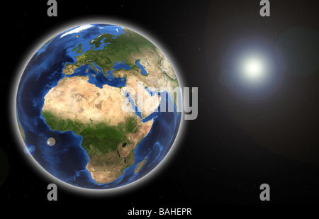 Image de la terre rendue (carte fournie par la NASA) montrant l'Europe & Afrique sur fond noir avec l'atmosphère et des bougies de préchauffage à distance Sun Banque D'Images