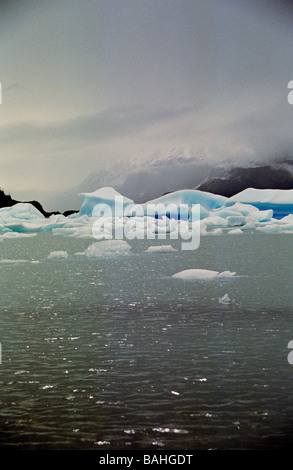 Formations de glace bleu flottant sur le lac Grey, parc national Torres del Paine, Chili Banque D'Images