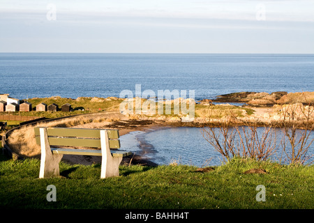 Banc avec vue sur le vide de Moray en Écosse Findochty Banque D'Images