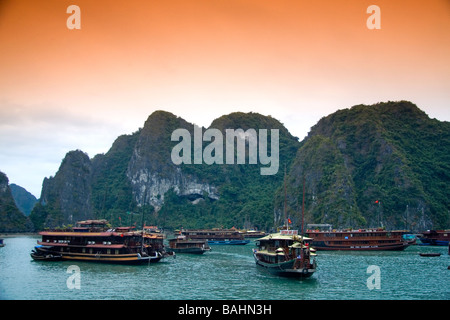 Vue panoramique de karsts calcaires et bateaux de touristes dans la baie de Ha Long Vietnam Banque D'Images