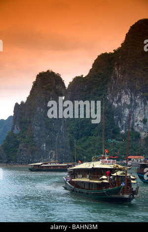 Vue panoramique de karsts calcaires et bateaux de touristes dans la baie de Ha Long Vietnam Banque D'Images