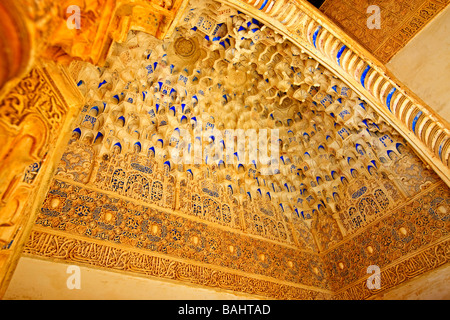 Plafond d'une petite alcôve à côté du portique sud dans la Cour des Myrtes (Patio de los Arrayanes),aka Cour de la piscine. Banque D'Images