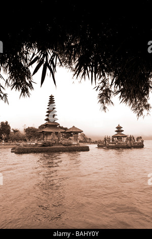 L'INDONÉSIE, Bali. Bedugul, le lac Bratan. Pura Ulu Danu temple, bambous. Banque D'Images