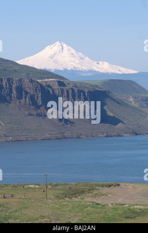 La Columbia Gorge et rivière avec Mount Hood dans la distance Banque D'Images