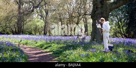 Peintres à Hillhouse Wood à West Bergholt près de Colchester Essex plein de jacinthes des bois au printemps Banque D'Images