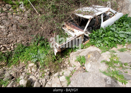 Ancien des années 1970 / années 1980, Toyota ou Datsun ruiné et abandonné dans un ruisseau. Banque D'Images