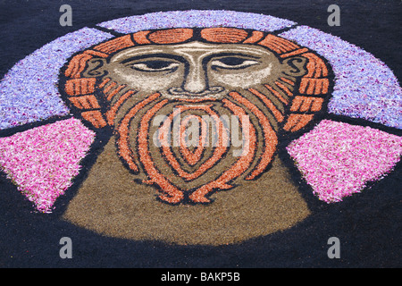 Portrait de Jésus faite à partir de pétales de fleurs dans la rue à La Orotava Tenerife Sur pendant les célébrations de Corpus Christi Banque D'Images