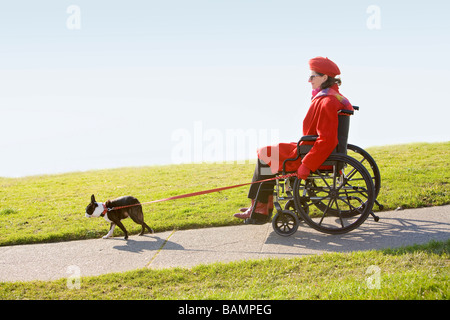 Femme en fauteuil roulant en tenant son chien pour une promenade Banque D'Images