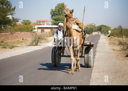 Homme monté sur un chariot de chameau le long d'une route, entre et d'Osian Jodhpur, Rajasthan, India Banque D'Images