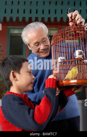 Vieil Homme montrant un jeune garçon dans une cage d'oiseaux Banque D'Images