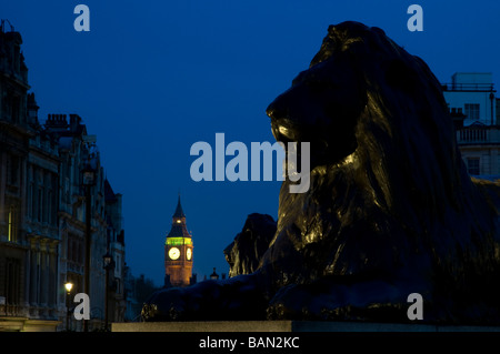 Lion de Landseer à Trafalgar Square la nuit avec Big Ben en arrière-plan Banque D'Images