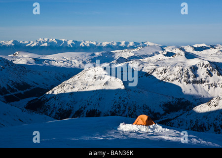 Paysage d'hiver, vue du pic Mussala, montagne de Rila, à l'endroit le plus élevé sur la péninsule des Balkans, la Bulgarie Banque D'Images
