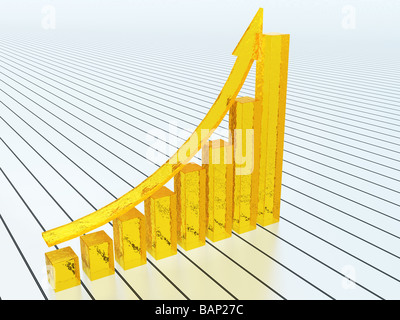Arrière-plan du diagramme Le diagramme en verre avec une flèche d'or sur fond blanc Banque D'Images