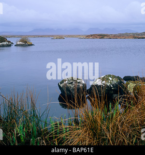 Loch avec les Twelve Bens montagne dans la distance. Connemara, Irlande Banque D'Images