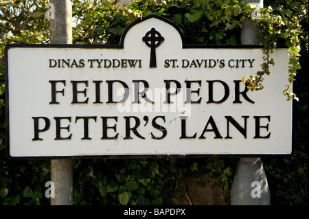 Plaque de rue bilingue anglais gallois Peter s lane street sign St David s Pembrokeshire Wales UK Ville Banque D'Images