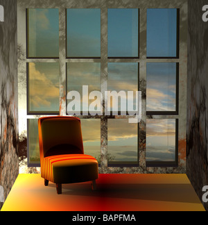 Un 3D d'un canapé dans une chambre isolée entourant illustrant le passage du temps, solitude, souvenirs et thèmes nostalgiques Banque D'Images