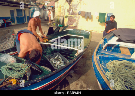 Le déchargement des bateaux de pêche côtière de classe canoa à Funchal Madeira Portugal île de Madère Banque D'Images