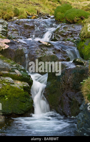 Étude d'un ruisseau et sa chute entre deux gros rochers. Vitesse d'obturation relativement lente, ce qui donne un 'silky' effet à l'eau Banque D'Images