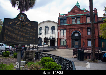 Plaque historique ancienne Bourse du Coton Savane bâtiment dans la ville de Savannah, Géorgie, USA, Amérique, Banque D'Images