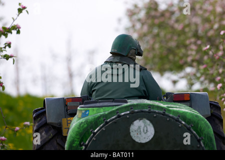 Close up of farmer la pulvérisation de pesticides au cours de pommiers avec Apple Blossoms à bramley apple orchard dans county armagh Banque D'Images