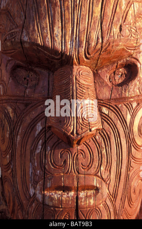 Moko traditionnel Maori Tattoo art de sculpture sur bois tête visage Rotorua Whakarewarewa Île du Nord Nouvelle-zélande Océanie Banque D'Images