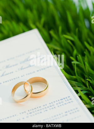 Les anneaux de mariage et certificat de mariage sur l'herbe Banque D'Images