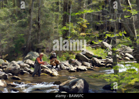 Traitement de l'aquarelle les pêcheurs à la mouche La pêche sur la fourche au milieu de la Petite Rivière Pigeon Greenbrier Domaine des Great Smoky Mountains Banque D'Images