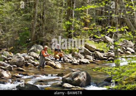 Traitement de l'aquarelle les pêcheurs à la mouche La pêche sur la fourche au milieu de la Petite Rivière Pigeon Greenbrier Domaine des Great Smoky Mountains Banque D'Images