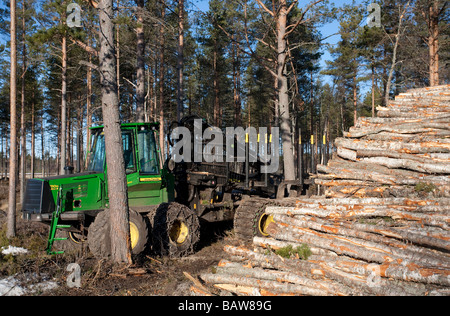 John Deere 1110D ECO III transitaire et pile de grumes de bouleau , Finlande Banque D'Images