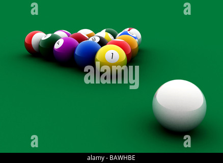 Boules de billard sur une table verte Banque D'Images