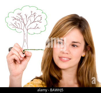 Dessin de fille un arbre à l'écran Banque D'Images