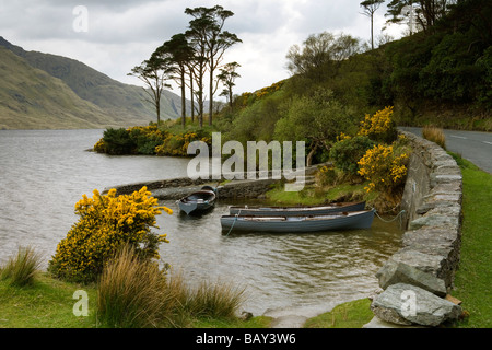 Lac avec bateaux, Doo Lough, Connemara, Comté de Mayo, Irlande, Europe Banque D'Images